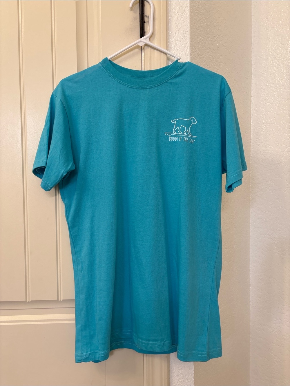 Buddy By The Sea Blue Graphic Tee Surf Dog Beach Shirt Women Size M